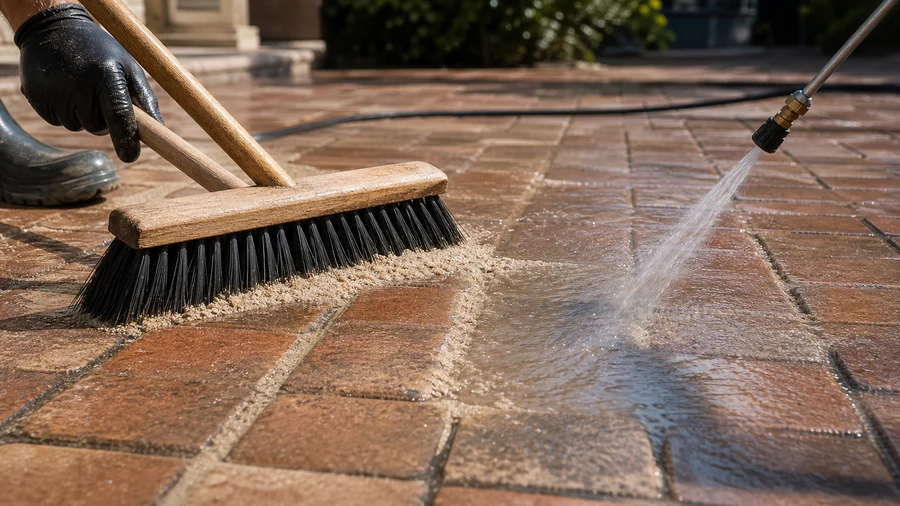 Joint sand being worked into prepared paver joints