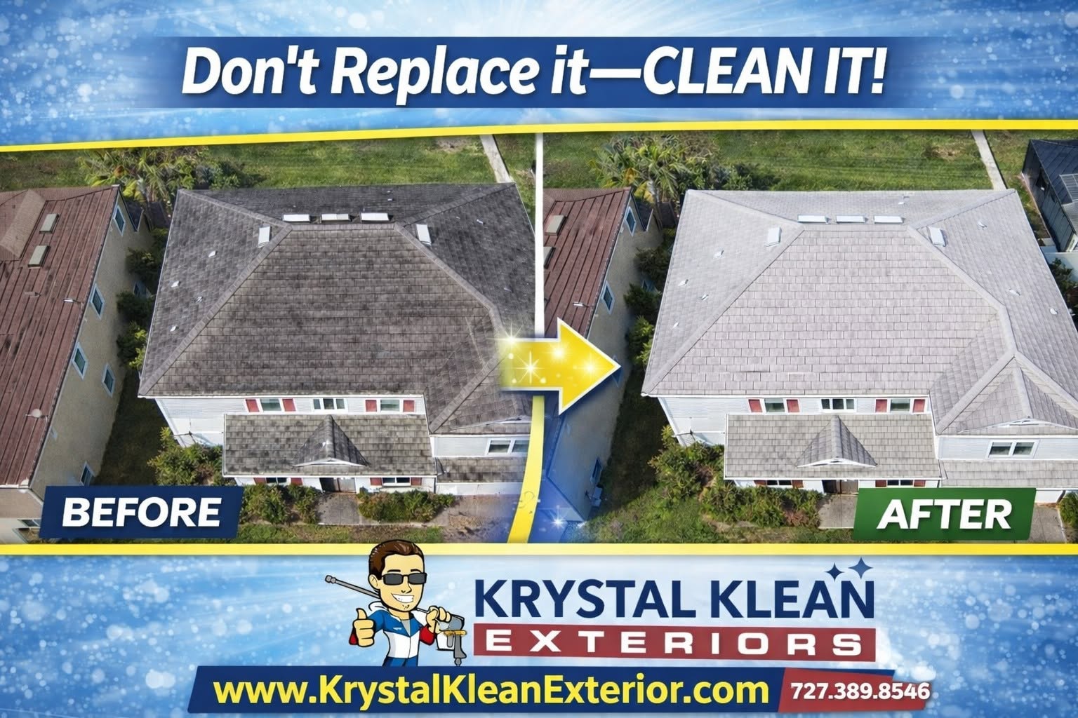 Aerial before and after of a shingle roof soft wash in Tampa Bay