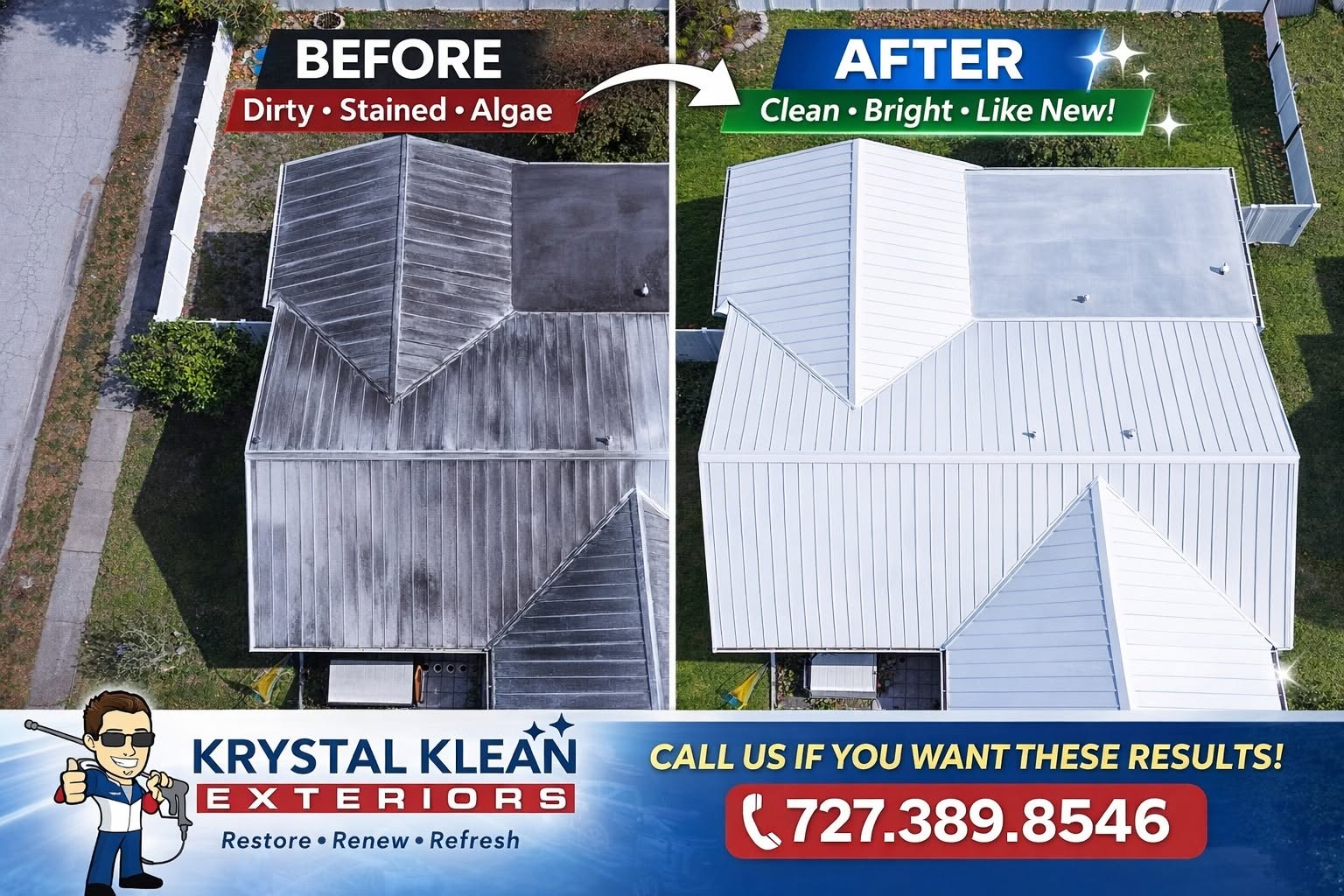 Aerial before and after of a stained roof cleaned by Krystal Klean Exterior