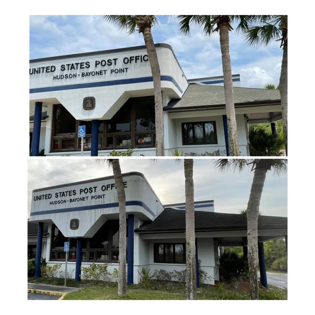 Soft washing the exterior of a commercial building in Tampa Bay