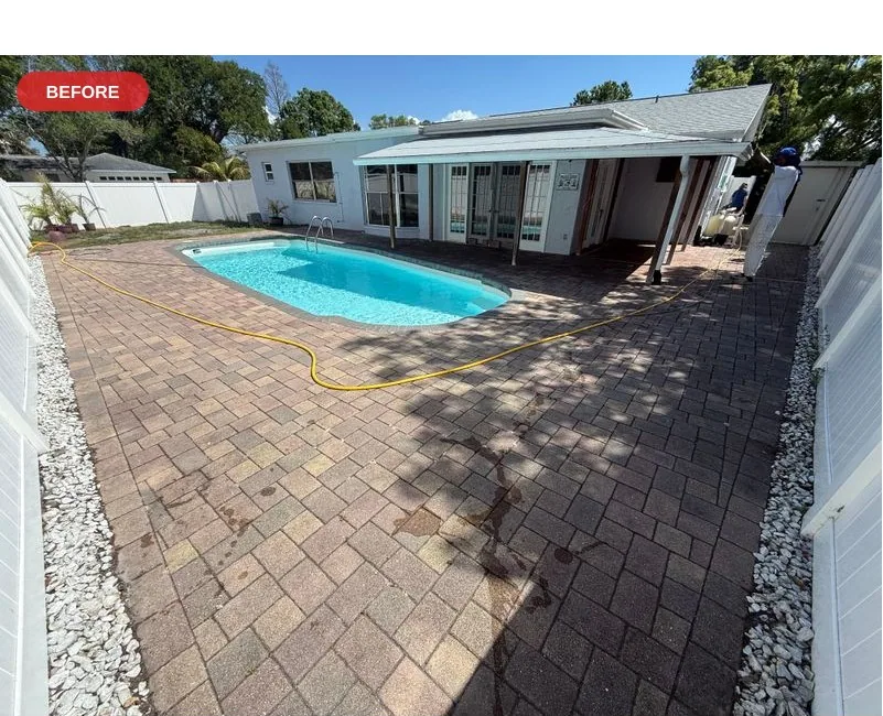 Clearwater pool-deck pavers before cleaning and sealing