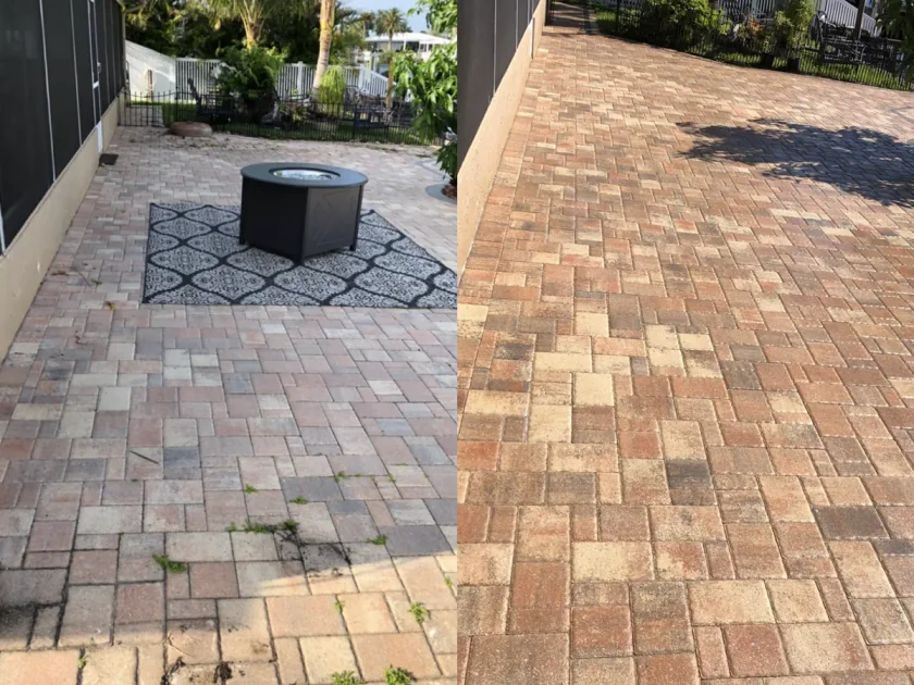 Paver patio before and after failed-sealer stripping, cleaning, re-sanding, and sealing