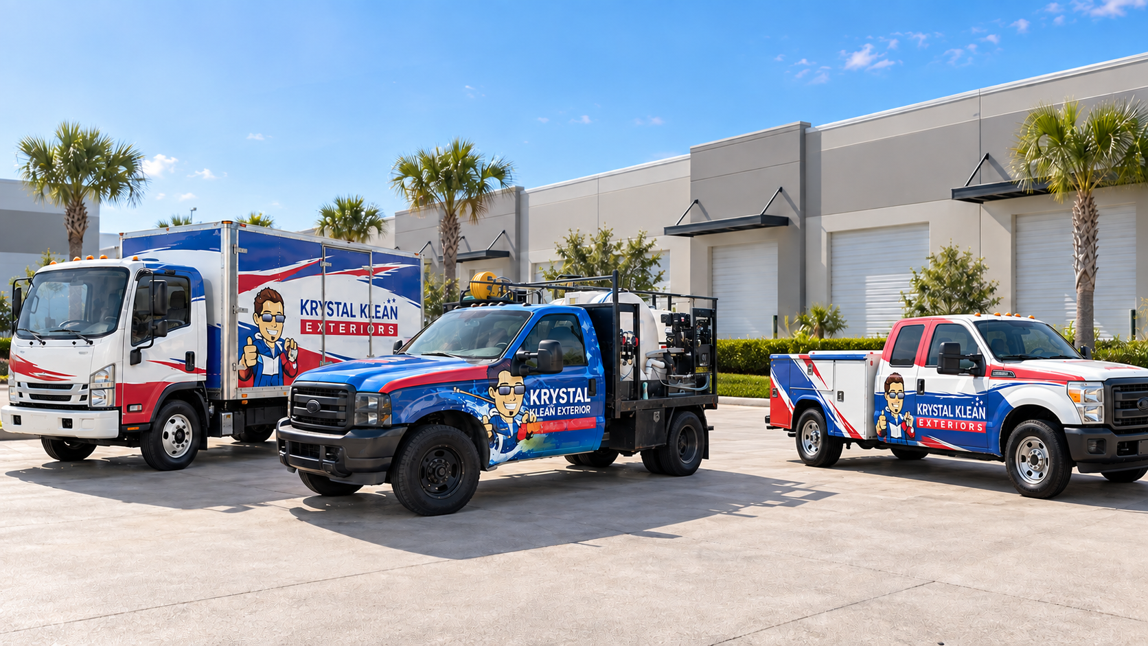 Krystal Klean Exterior box truck, flatbed pressure washing truck, and utility truck outside a commercial warehouse