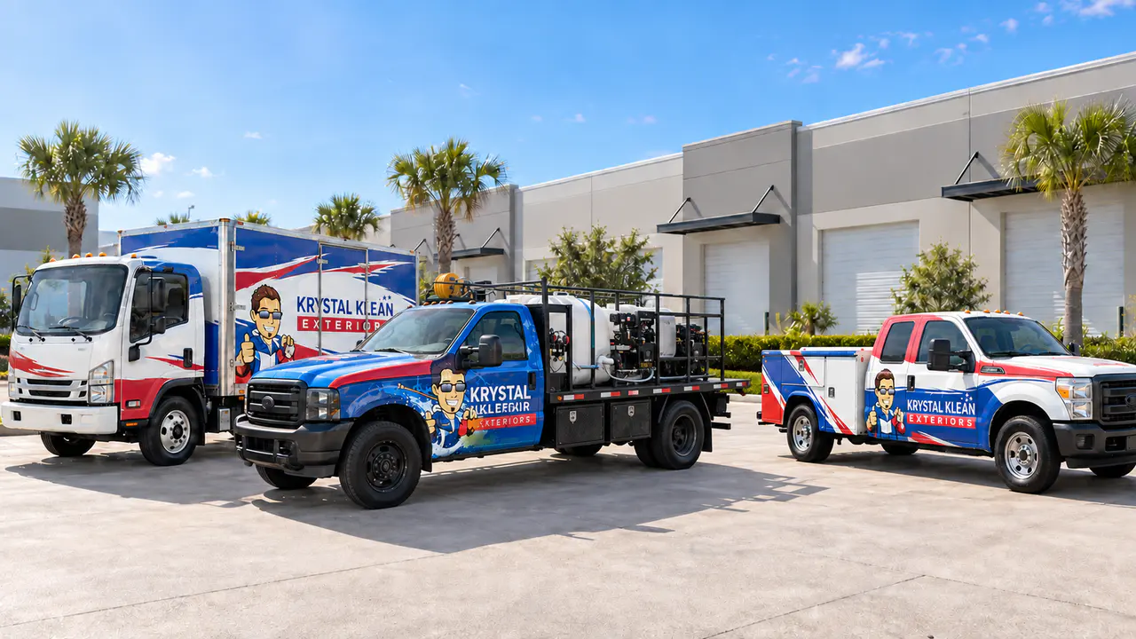 Krystal Klean Exterior box truck, full-length flatbed pressure washing truck, and utility truck outside a commercial warehouse