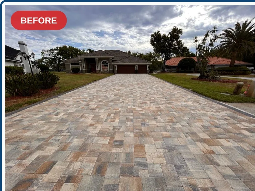 Oldsmar driveway, walkway and patio pavers before the documented sealing project