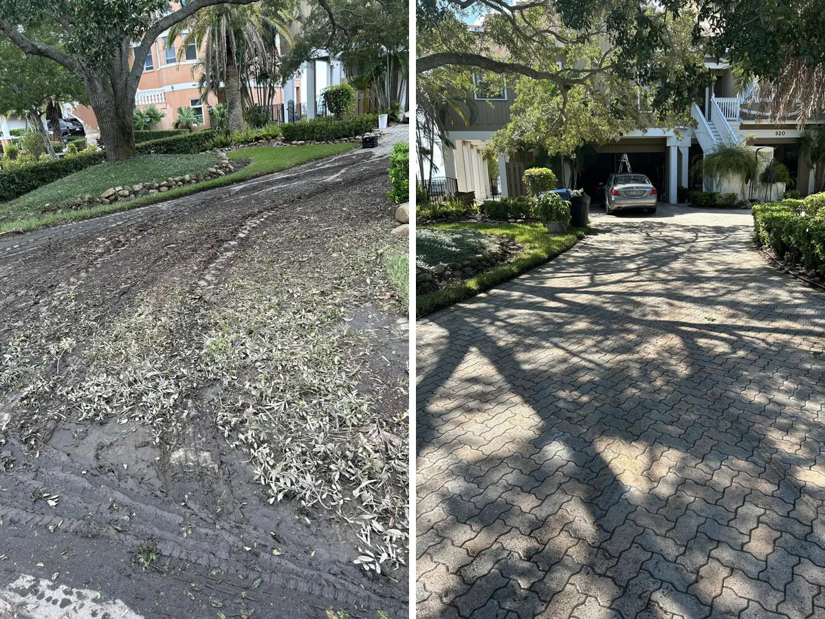 Condo paver driveway covered in storm mud before cleaning, and the same driveway clean after
