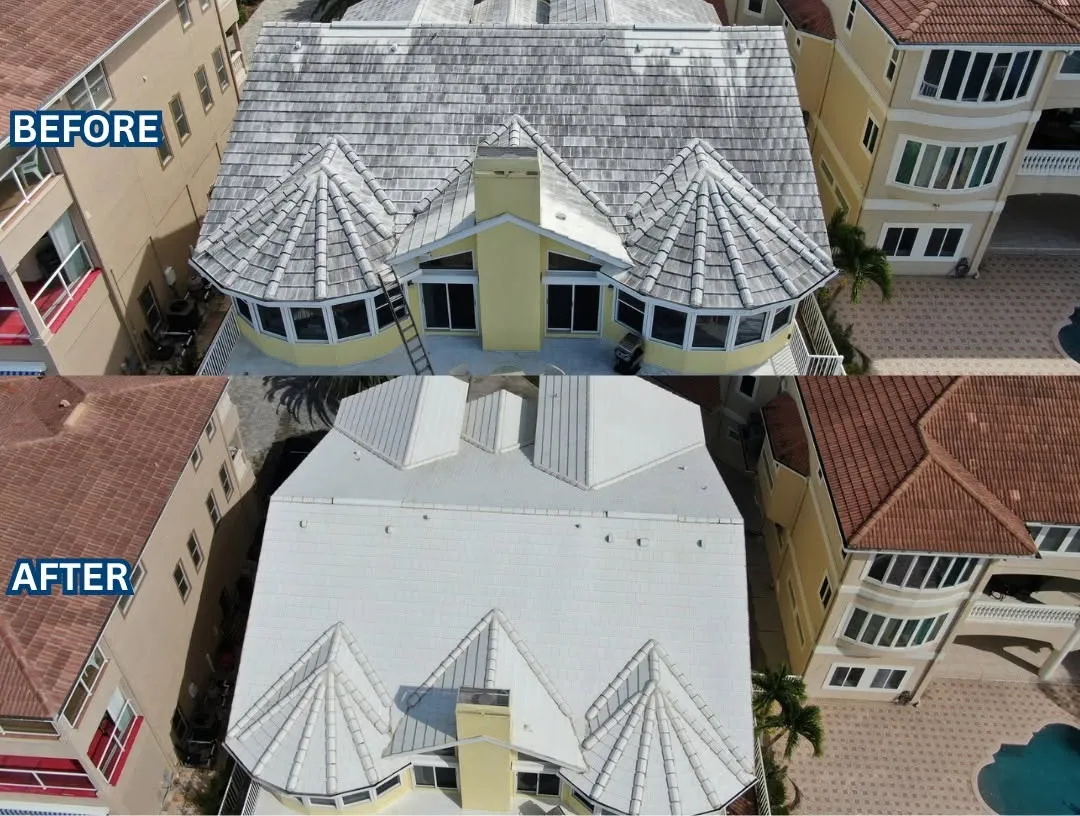 Aerial before and after of a condo tile roof soft wash: stained gray roof on top, clean white roof below